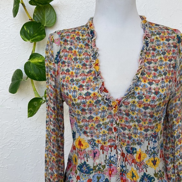 Retro Floral Indian Style Tunic Top Long Sleeve Boho Hippie Festival Cover Up - Picture 3 of 7